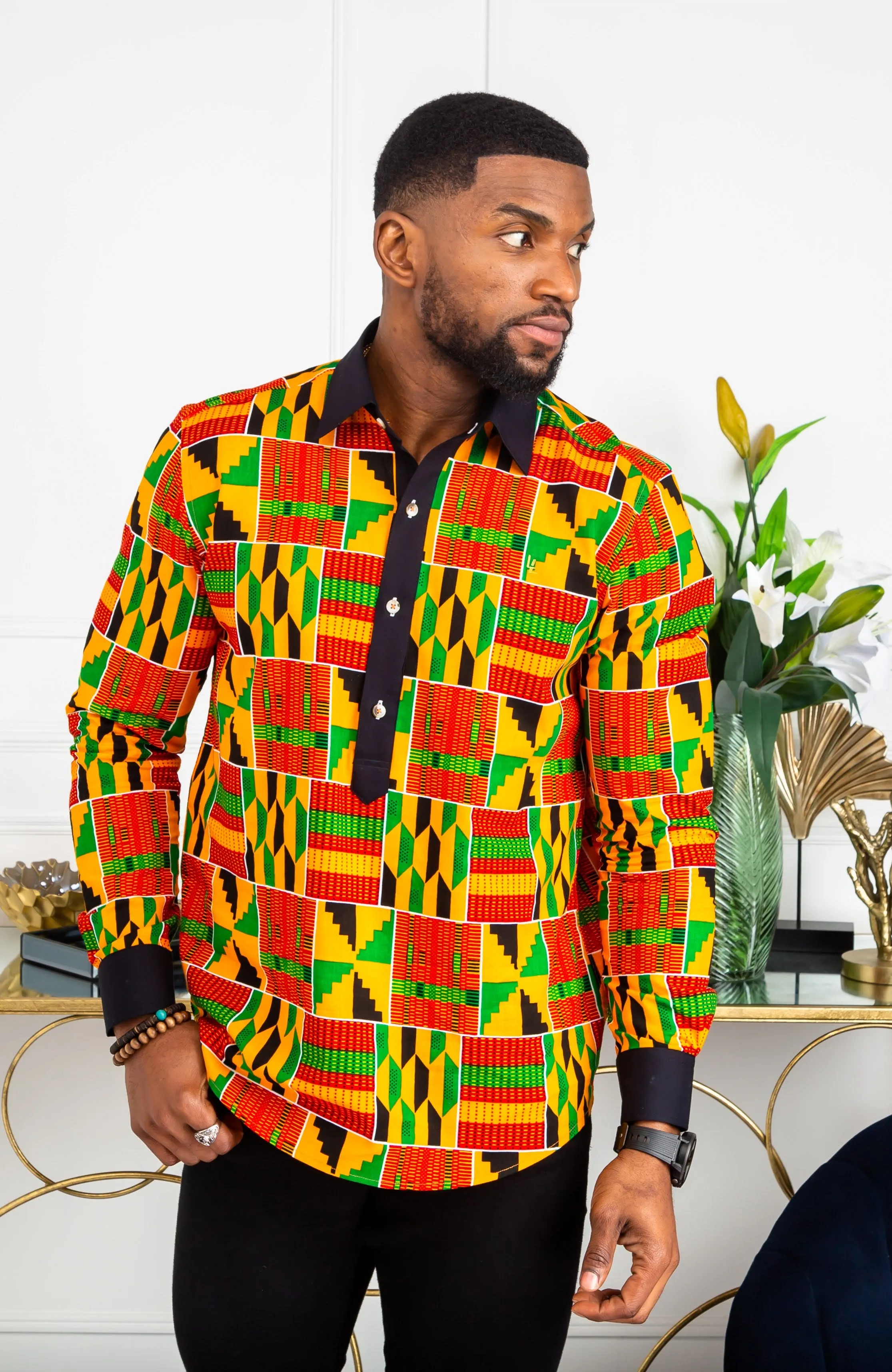 African Mens Shirts | Mens Ankara Shirt - Mens Long-sleeve Polo - KENDRICK