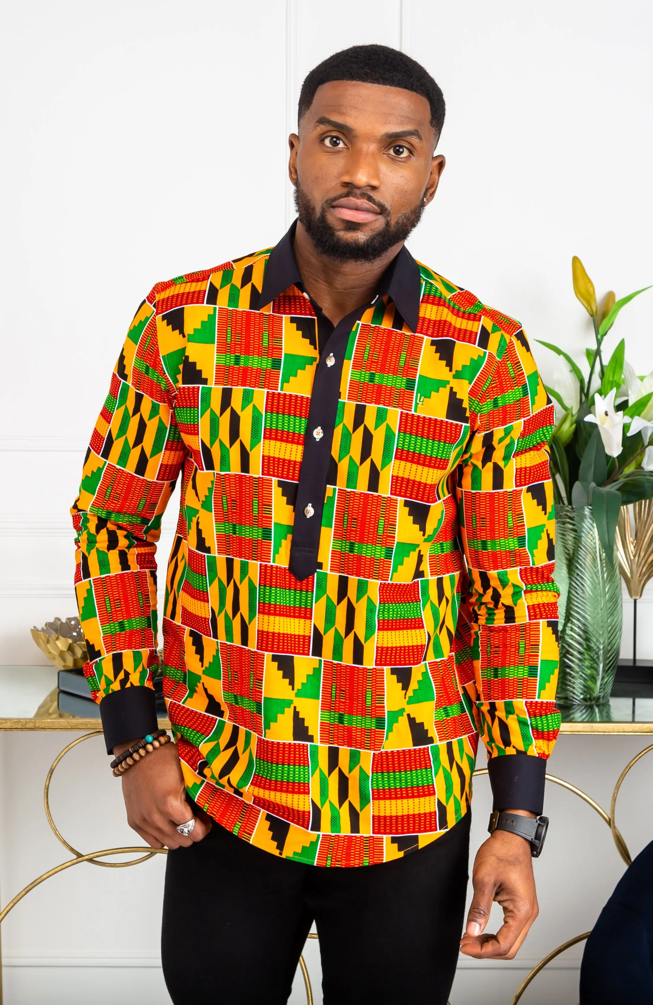 African Mens Shirts | Mens Ankara Shirt - Mens Long-sleeve Polo - KENDRICK