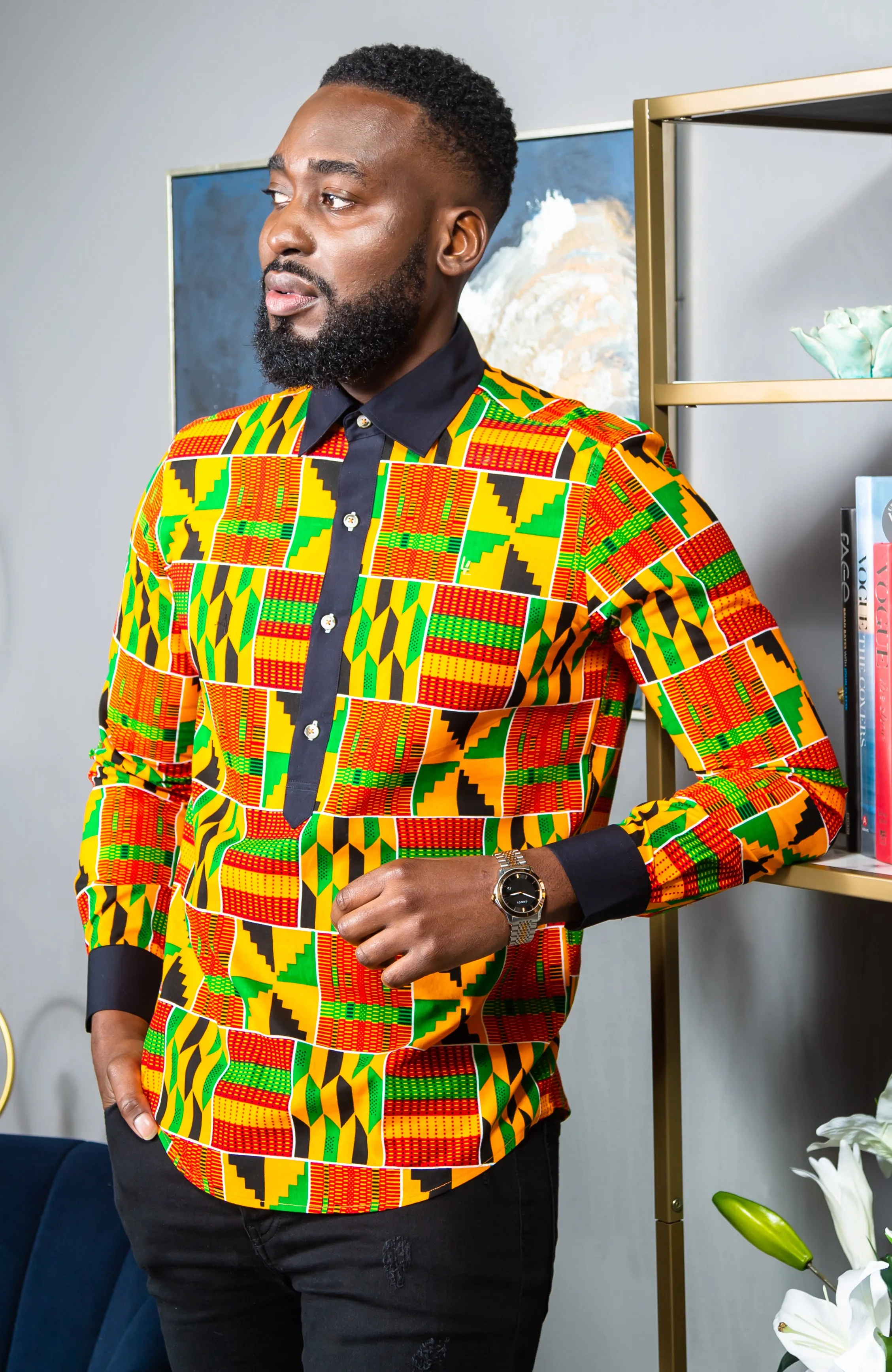 African Mens Shirts | Mens Ankara Shirt - Mens Long-sleeve Polo - KENDRICK