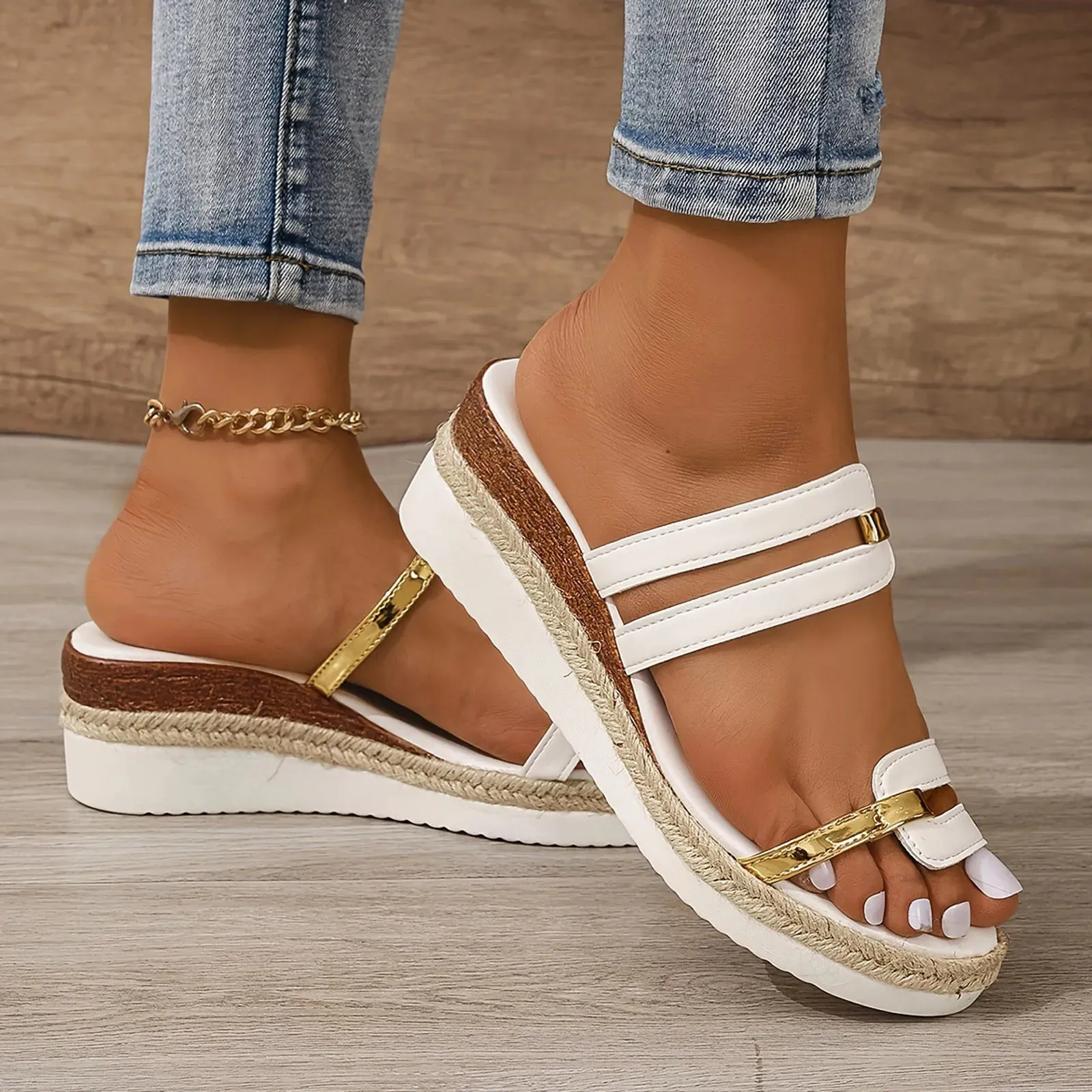 Glamorous White Sandals with Gold Straps