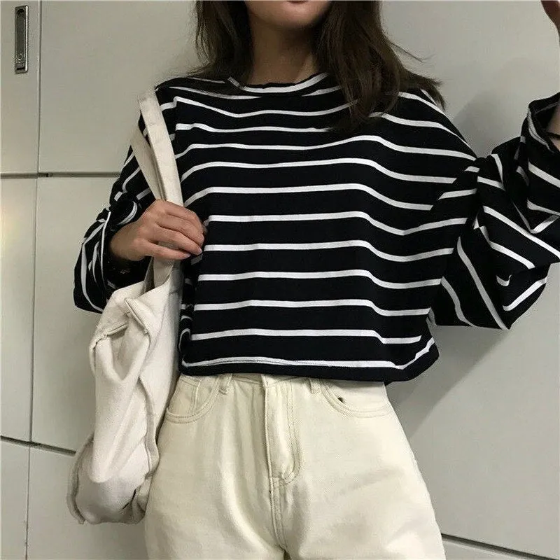 Joskaa Christmas Gift Black-white Striped Long Sleeve T-shirts Women Loose Plus-size 2XL Korean Tees Leisure Autumn Lady Harajuku All-match Trendy Top