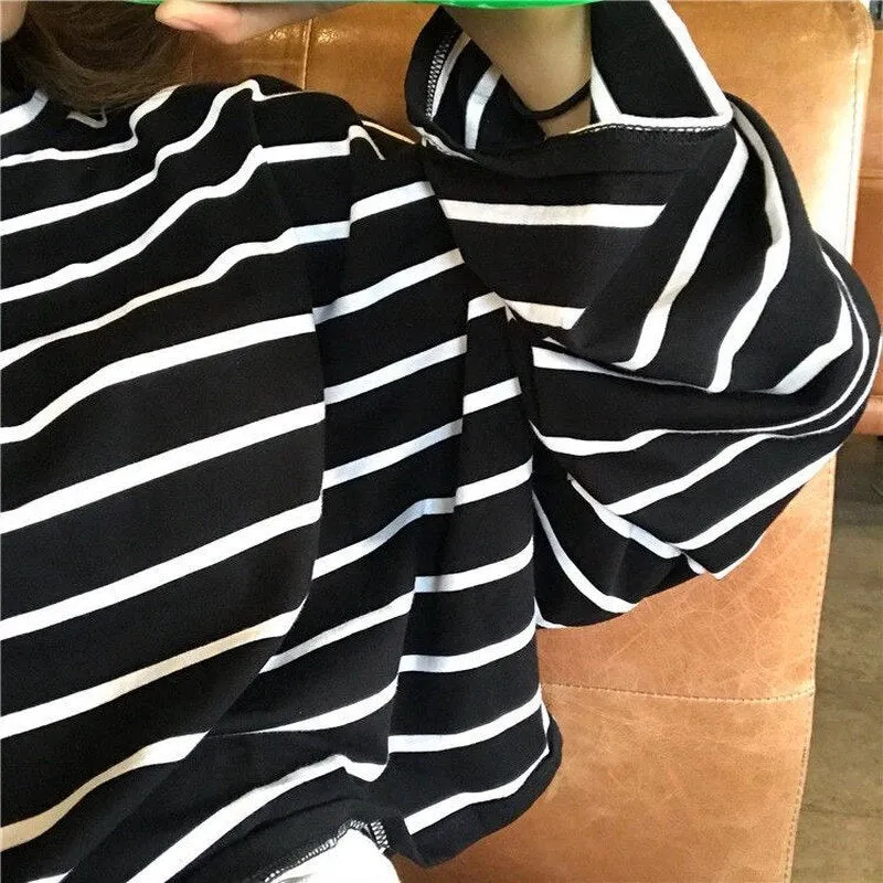 Joskaa Christmas Gift Black-white Striped Long Sleeve T-shirts Women Loose Plus-size 2XL Korean Tees Leisure Autumn Lady Harajuku All-match Trendy Top