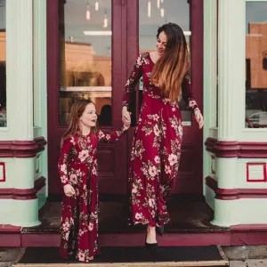 Matching Family Outfit - Mummy and Daughter Floral Long Ruby Dress