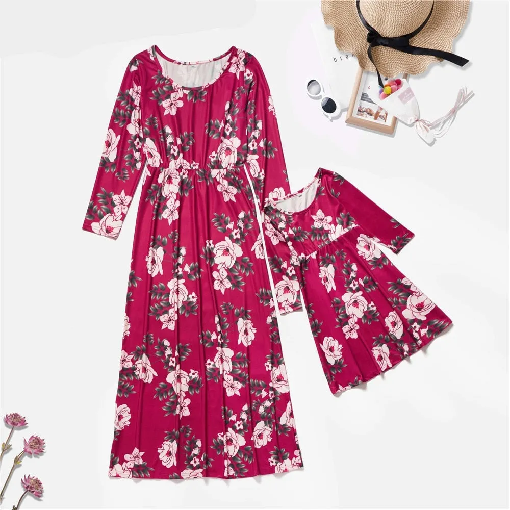 Matching Family Outfit - Mummy and Daughter Floral Long Ruby Dress