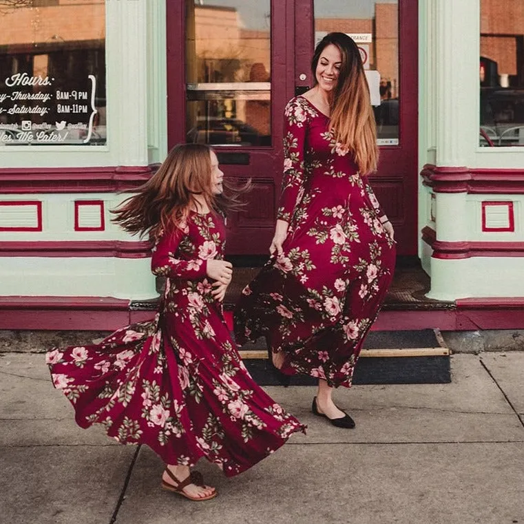 Matching Family Outfit - Mummy and Daughter Floral Long Ruby Dress