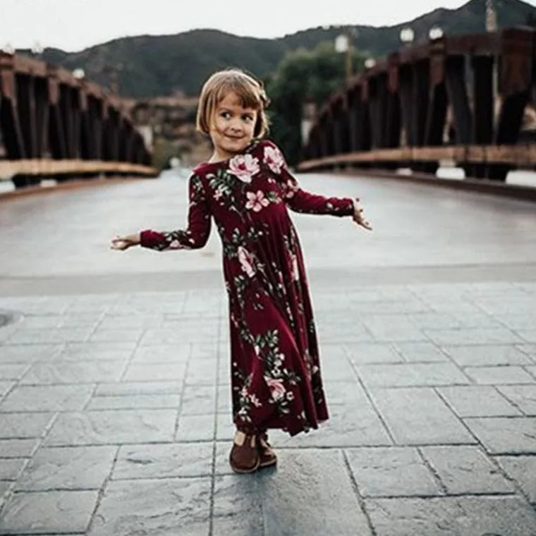 Matching Family Outfit - Mummy and Daughter Floral Long Ruby Dress