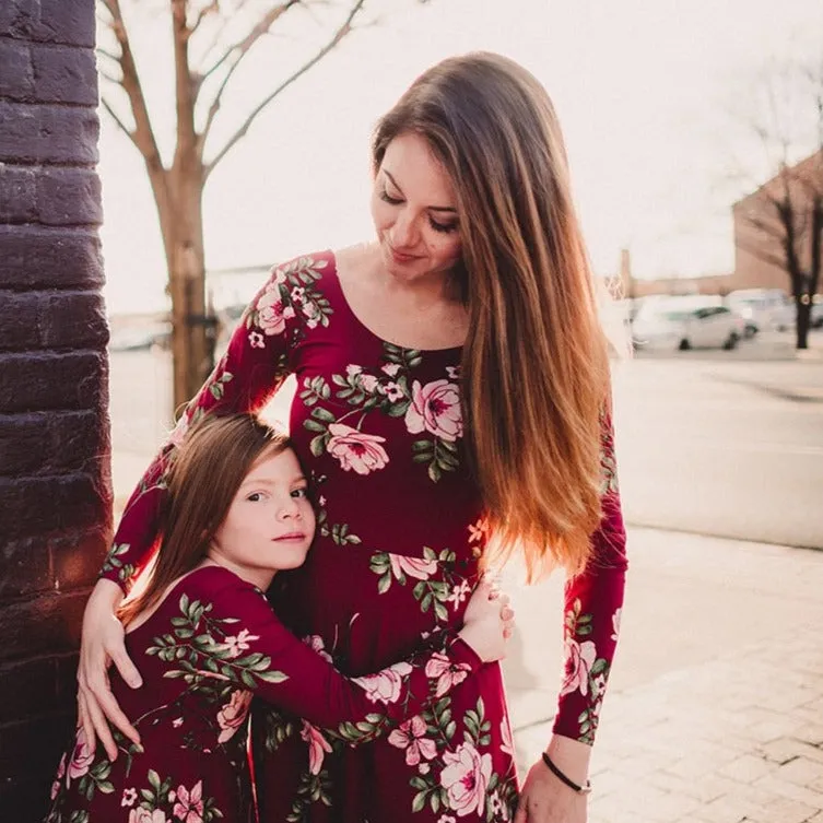 Matching Family Outfit - Mummy and Daughter Floral Long Ruby Dress