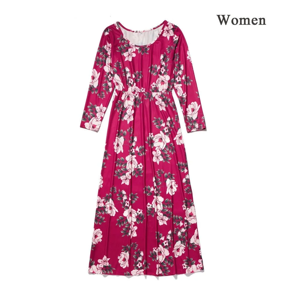 Matching Family Outfit - Mummy and Daughter Floral Long Ruby Dress