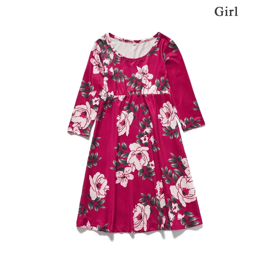 Matching Family Outfit - Mummy and Daughter Floral Long Ruby Dress