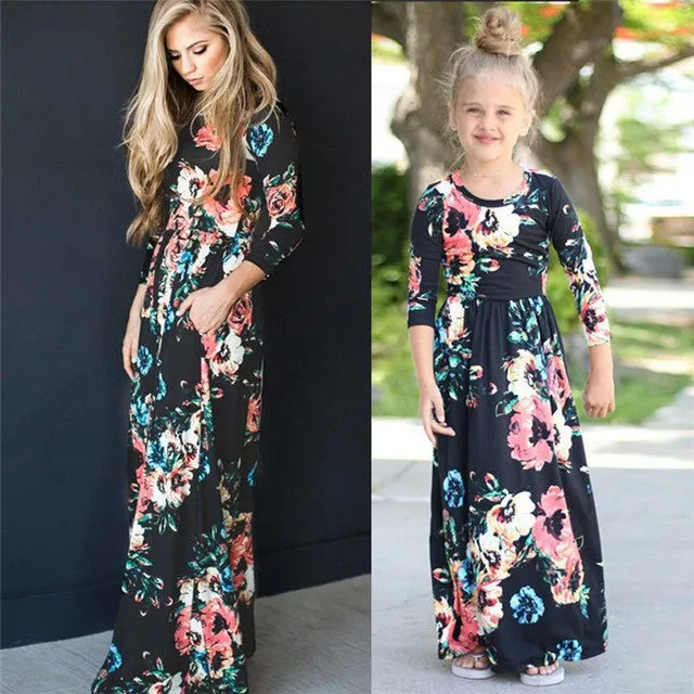 Matching Family Outfit - Mummy and Daughter Long Sleeve Floral Long Dress