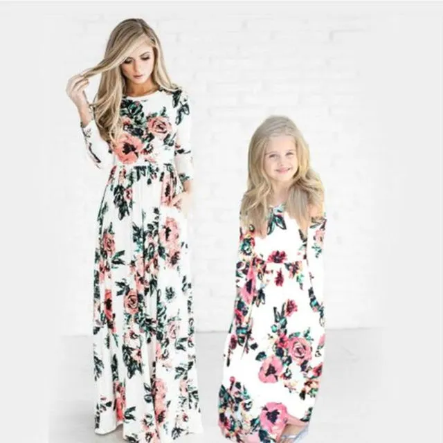 Matching Family Outfit - Mummy and Daughter Long Sleeve Floral Long Dress