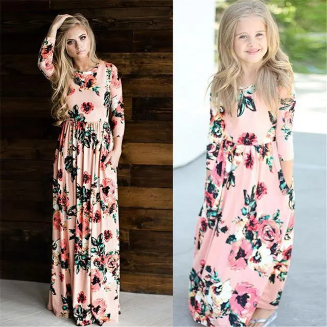 Matching Family Outfit - Mummy and Daughter Long Sleeve Floral Long Dress