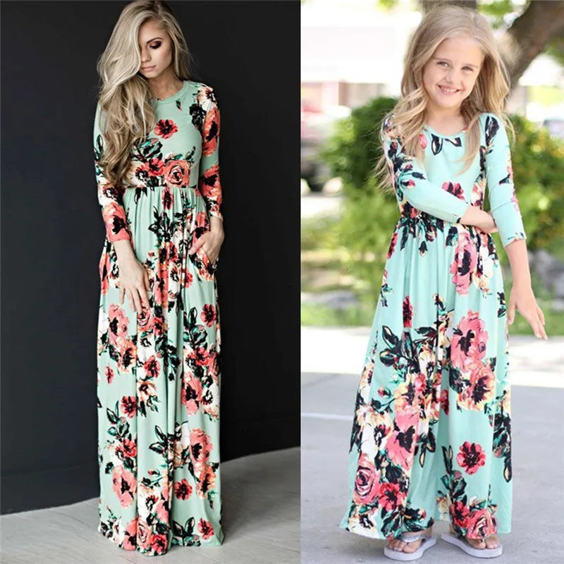 Matching Family Outfit - Mummy and Daughter Long Sleeve Floral Long Dress