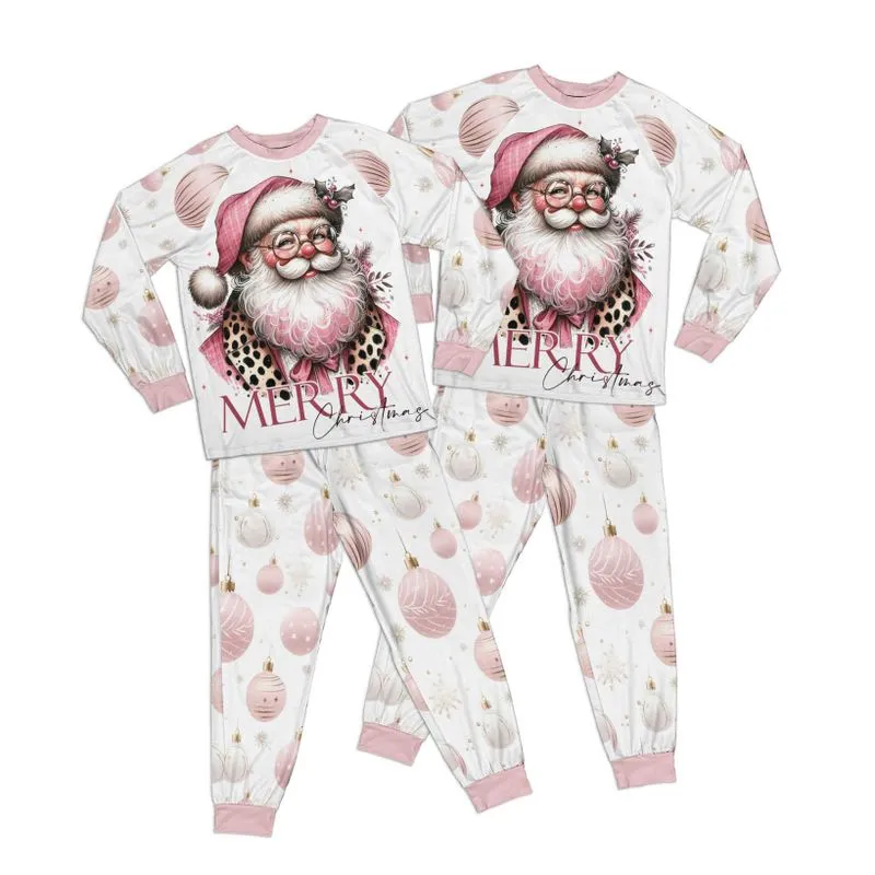 Pink Christmas Santa, Baubles Kid Pajamas Set Matching