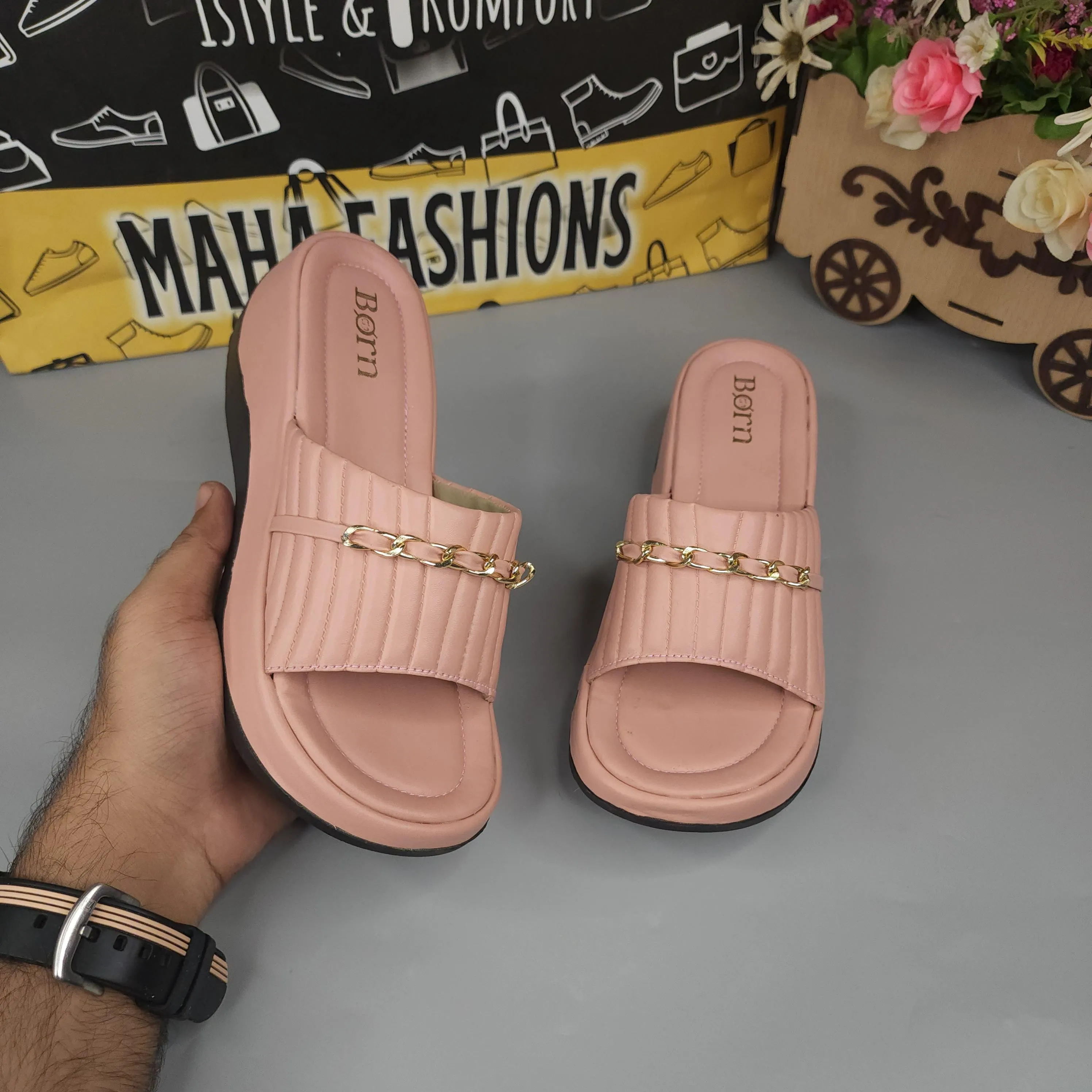 Pink Chunk Slippers With Chain