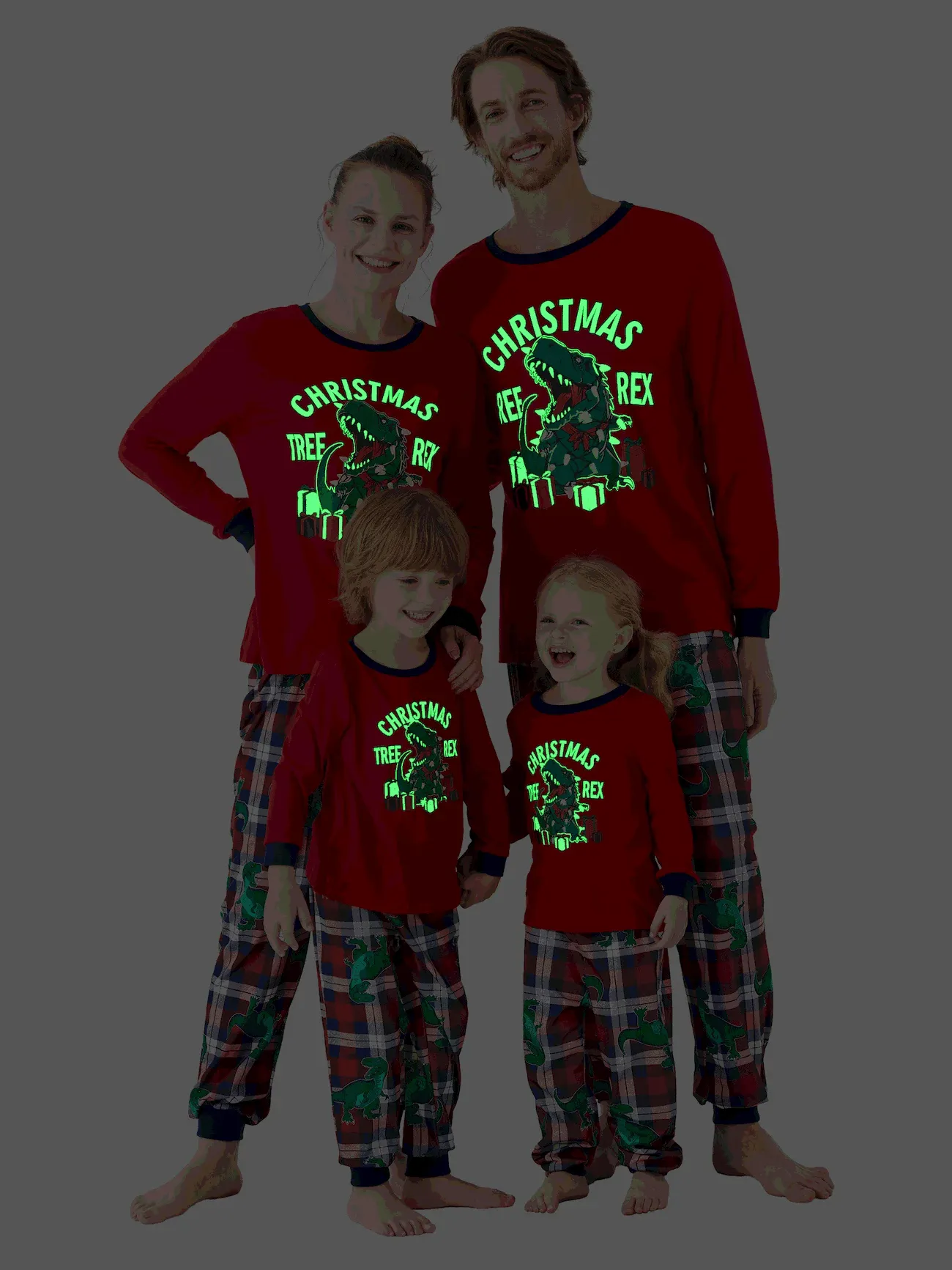 Printed Family Christmas Tree And T Rex Glow In The Dark Pajama Set