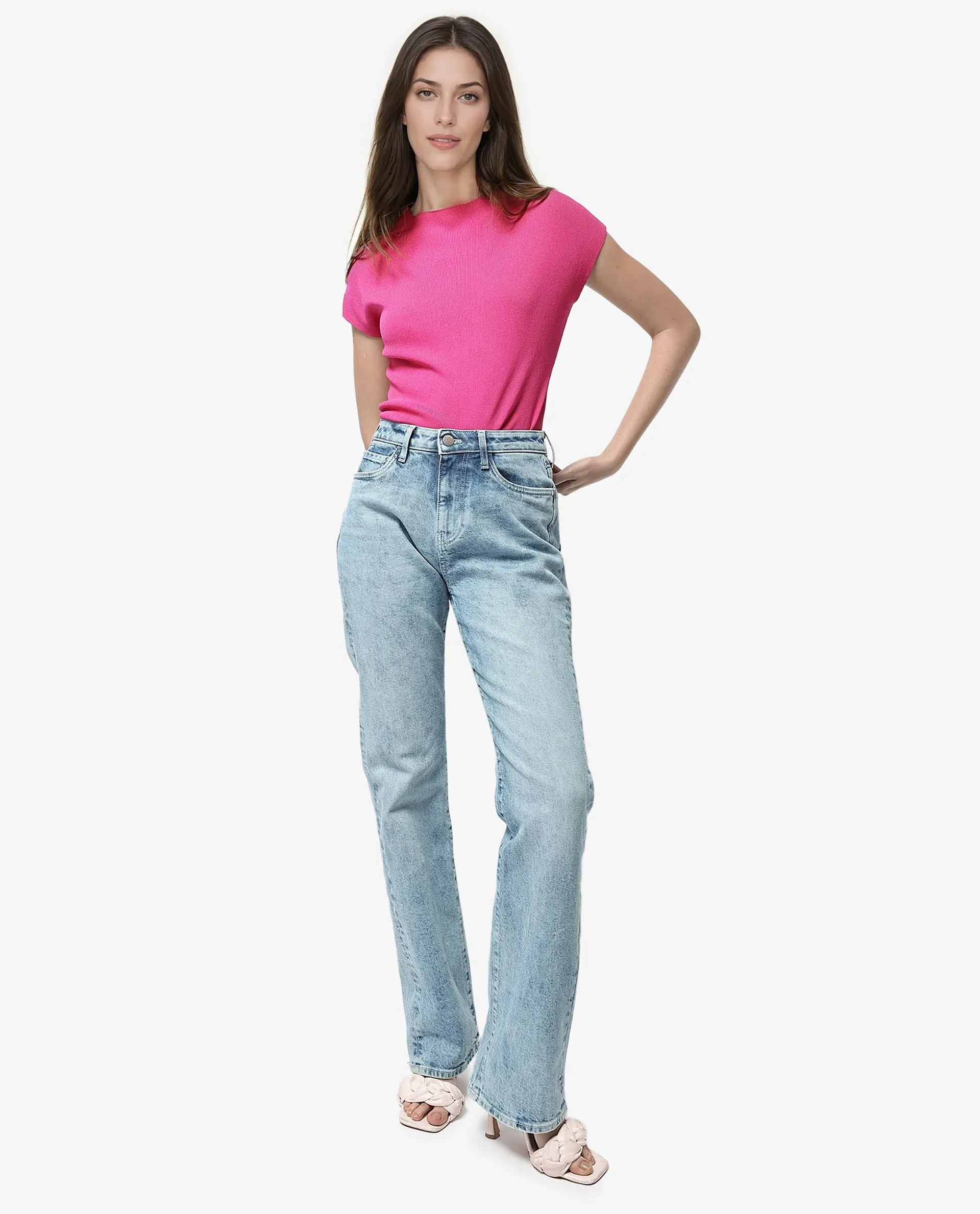 Rareism Women Osseo Pastel Blue Cotton Elastane Fabric Solid Regular Length Jeans