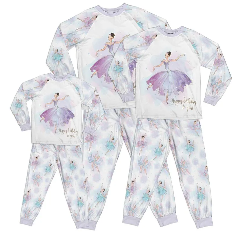 Whimsical Girl Ballet Purple Happy Birthday Kid Pajamas Set Matching